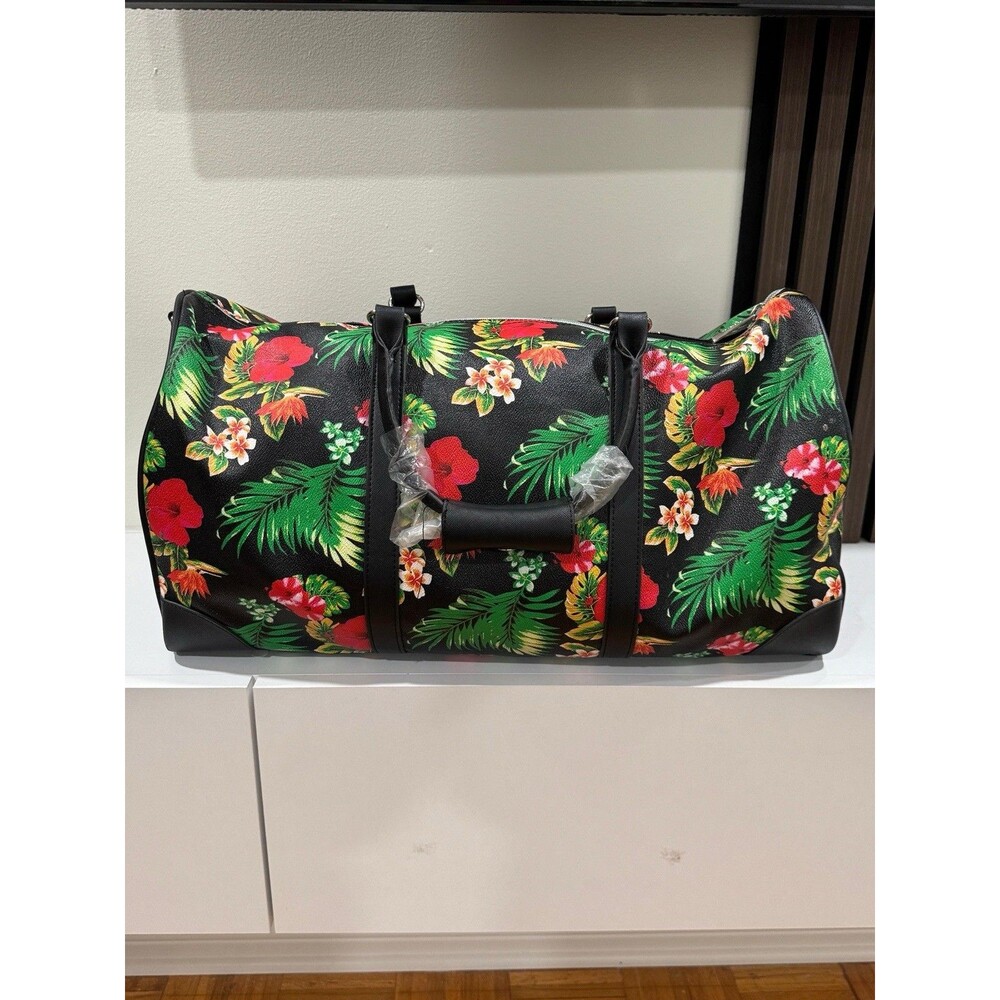 Bebe Floral Duffle Bag 22 x 9 Inch Tropical Print On Black Detachable Strap